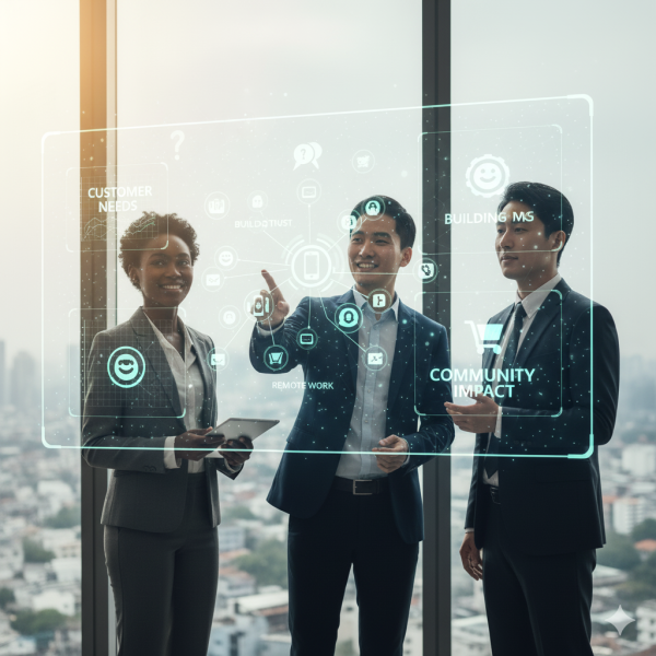 Three people reviewing customer data